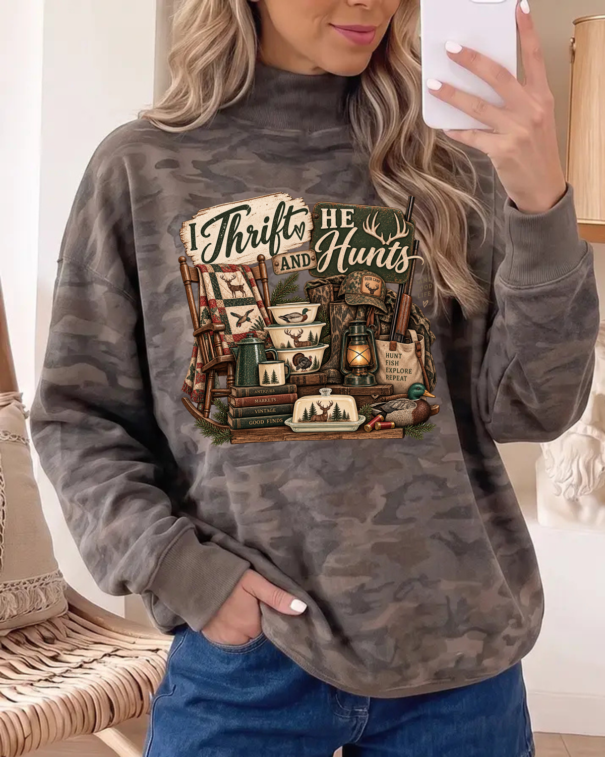 Camo Thrifting Graphic Mockneck