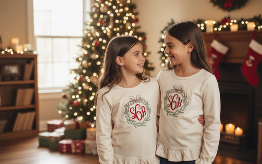 Christmas wreath/Holiday Girls monogram shirt